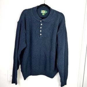 Cabelas Mens Henley Sweater Blue Crew Neck Ribbed Long Sleeve Buttons L